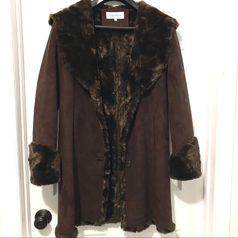 Calvin Klein Fur Lined Faux Suede Long Brown Coat